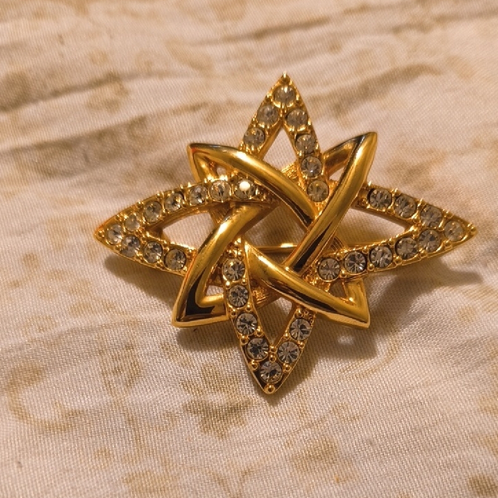 Monet Gold and Silver Starburst Brooch with Crystal Accents